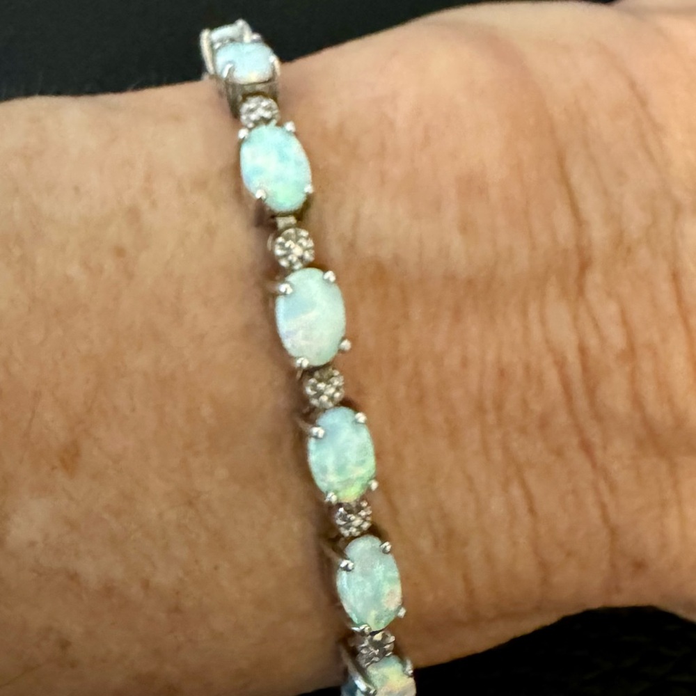 Elegant Silver Opal Zircon over Silver Bracelet. Size 7.25.